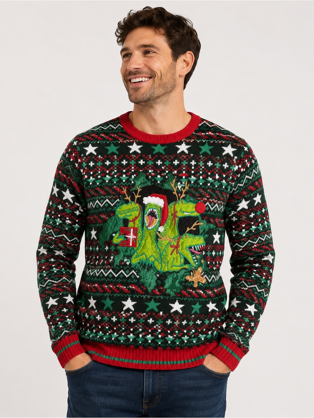 Blizzard Bay Men’s S Dinosaur Christmas Sweater Festive Funny Ugly Knit Holiday